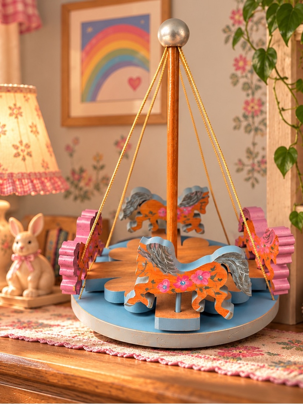 Hand-Painted Wooden Carousel Horse Toy - Blue & Pink